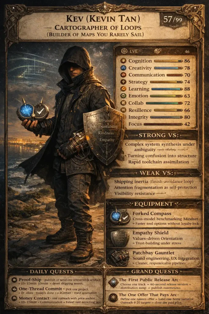 A medieval/fantasy RPG character sheet for "Kev (Kevin Tan), Cartographer of Loops." It features a hooded character holding a "Forked Compass" and an "Empathy Shield," with traits like "Complex system synthesis" and "Rapid toolchain assimilation."