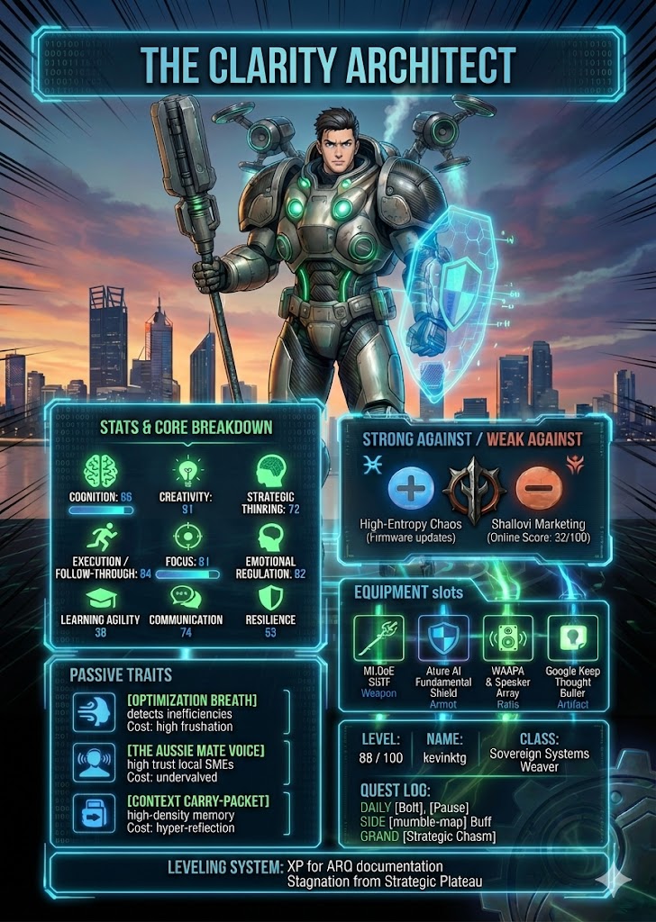 A high-tech, cyberpunk-style character sheet for "The Clarity Architect." It displays a core breakdown of stats including Strategic Thinking (72) and Focus (81), with equipment slots for an "Ature AI Fundamental Shield" and "Google Keep Thought Buffer."