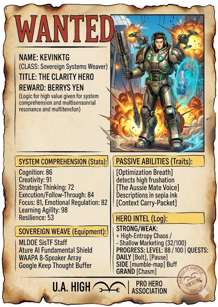A "WANTED" poster for "KevinKTG," the "Clarity Hero." It lists stats like Cognition (86) and Learning Agility (98), featuring equipment like the "MLDOE SisTF Staff" and the "WAAPA 8-Speaker Array."