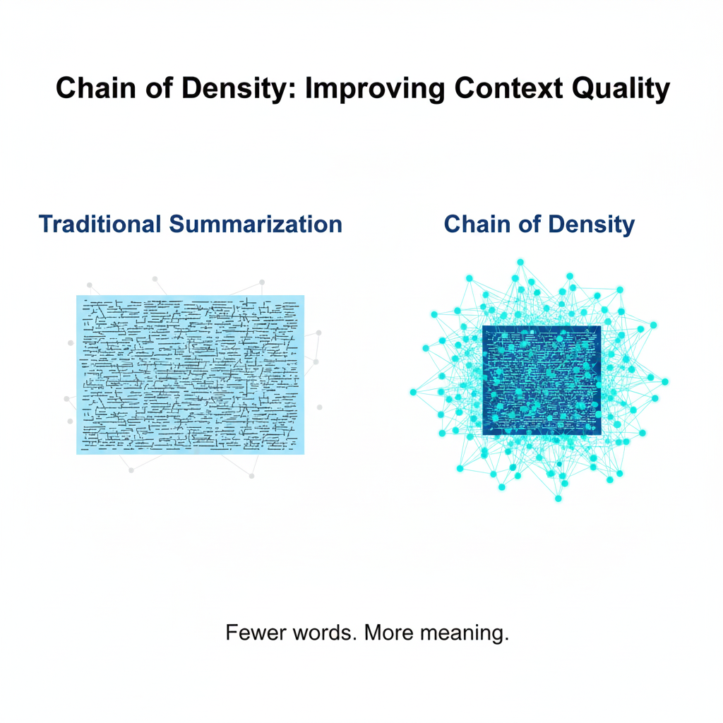 Diagram contrasting Chain of Density enriched data network on the left with a Summarization Tool funnel filtering documents on the right.