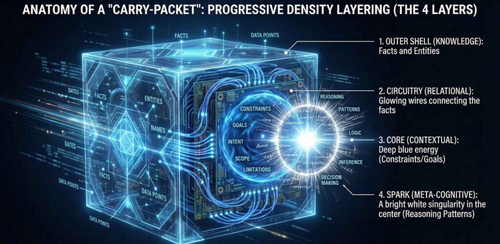 A 3D diagram of a glowing data cube titled "Anatomy of a Carry-Packet," breaking down the four layers: Outer Shell (Knowledge), Circuitry (Relational), Core (Contextual), and Spark (Meta-cognitive).