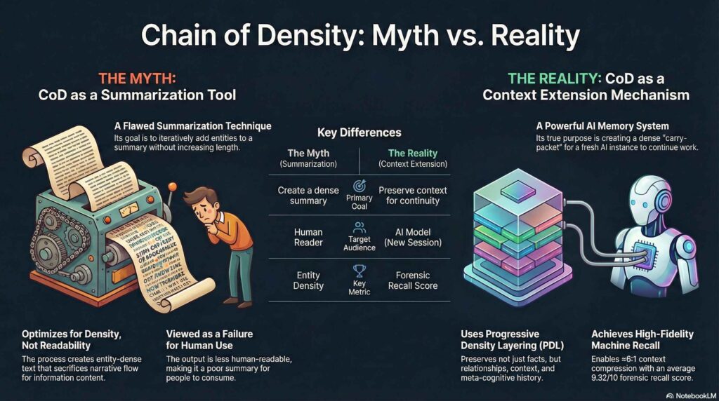 A comparison infographic titled "Chain of Density: Myth vs. Reality." It contrasts CoD as a "flawed summarization tool" for humans against its reality as a "powerful AI memory system" for cross-session continuity.