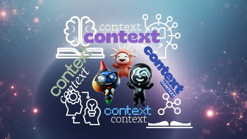 A playful, 3D-rendered graphic featuring three small cartoon characters—a red drop-shaped figure with glasses, an orange star-shaped figure, and a black round figure—jumping excitedly. The background is a gradient blue with white outlines of brains, lightbulbs, and books. The word "context" is repeated multiple times around the characters in various fonts, sizes, and orientations (purple, blue, green, and white).