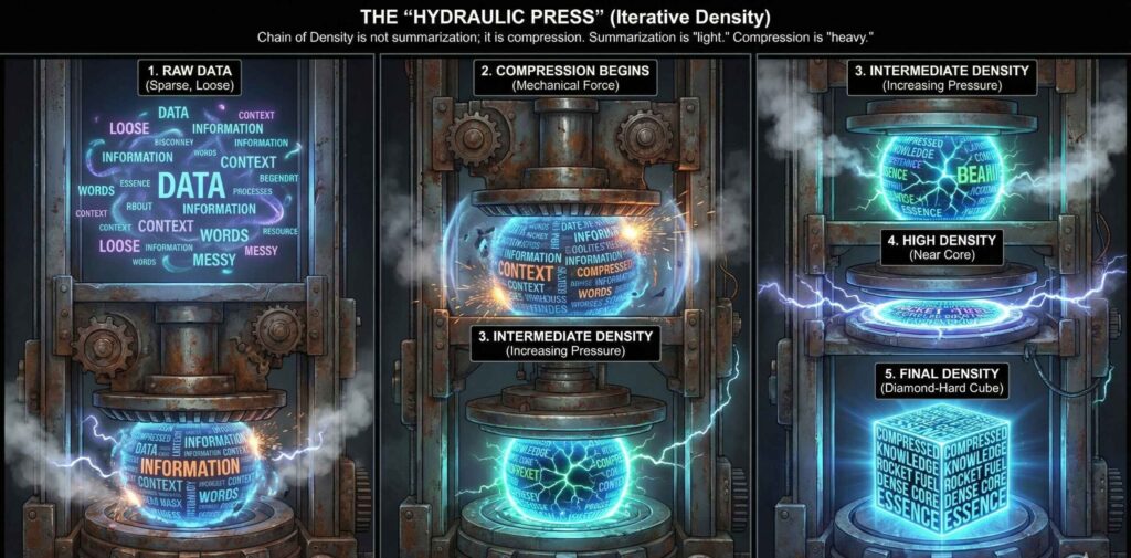 A three-panel infographic titled "The Hydraulic Press (Iterative Density)" showing raw data being crushed into a glowing "Diamond-Hard Cube" of final density.