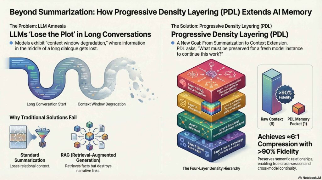 An infographic titled "Beyond Summarization: How Progressive Density Layering (PDL) Extends AI Memory." It shows a four-layer density hierarchy (Knowledge, Relational, Contextual, Meta-cognitive) achieving ~6:1 compression with >90% fidelity.