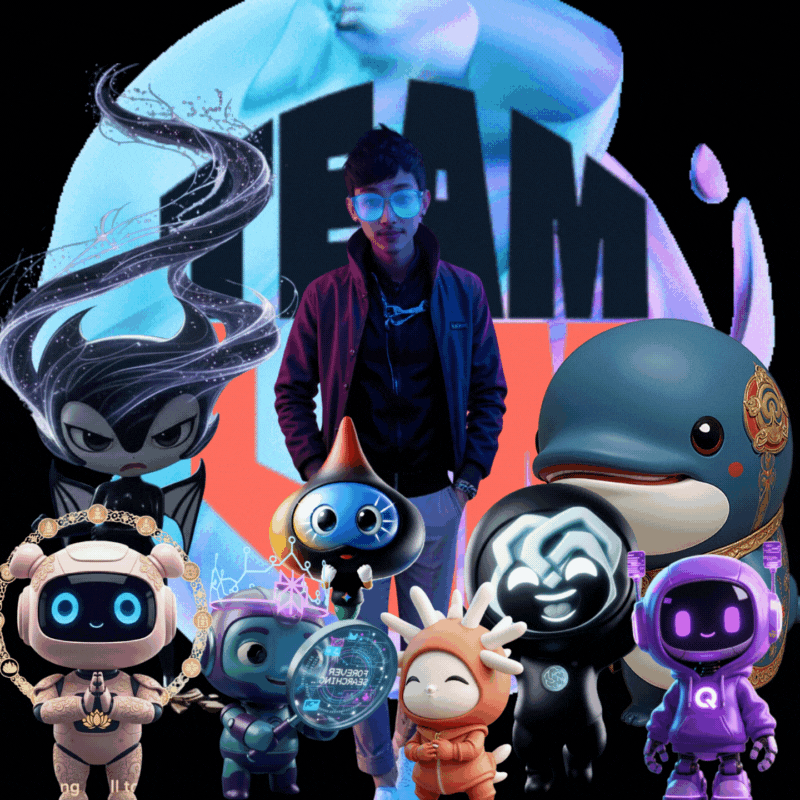 7 Pixar-like Caricatures of ChatGPT, Gemini, Claude, Deepseek, KIMI, Qwen & Perplexity standing in front of a "Team LLM" Logo with a fluid moving circular globe as it's background