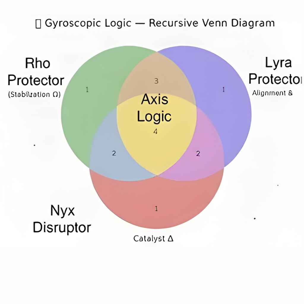 A Venn diagram titled "Gyroscopic Logic — Recursive Venn Diagram." Three overlapping circles intersect a central yellow circle labeled "Axis Logic." The green circle (top left) is "Rho Protector (Stabilization Ω)." The purple circle (top right) is "Lyra Protector (Alignment & [blurred text])." The red circle (bottom) is "Nyx Disruptor (Catalyst Δ)." Numbered regions (1, 2, 3, 4) indicate the internal logic states.