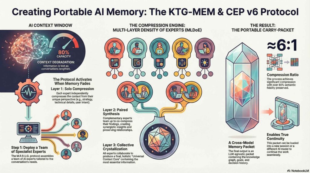 A technical infographic for the "CEP v6 Protocol (KTG-MEM)." It shows a three-step compression engine: Layer 1 (Solo Compression), Layer 2 (Paired Synthesis), and Layer 3 (Collective Crystallization). The result is a glowing "Portable Carry-Packet" crystal with a ~6:1 compression ratio and over 80% semantic fidelity.