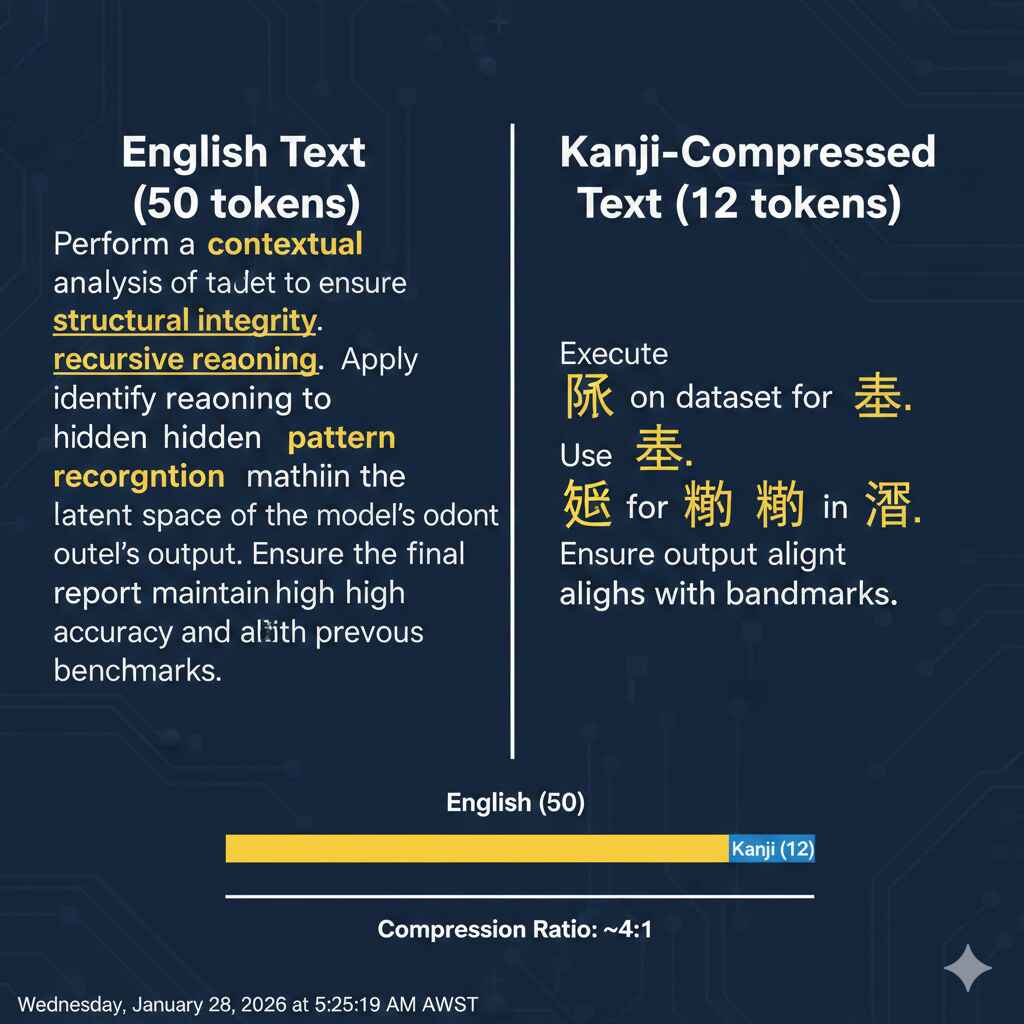 Alt Text: A dark blue digital infographic showing "English Text (50 tokens)" on the left and "Kanji-Compressed Text (12 tokens)" on the right. A yellow and blue progress bar at the bottom illustrates the space saved, with a timestamp of January 28, 2026.