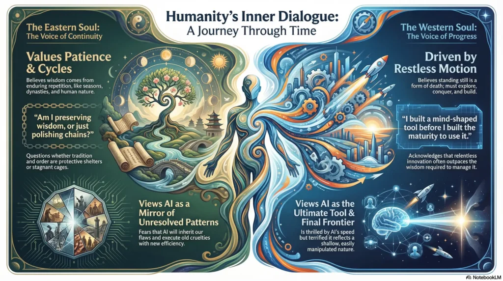 A conceptual illustration titled "Humanity's Inner Dialogue: A Journey Through Time." It depicts the "Eastern Soul" focused on patience, cycles, and AI as a mirror of patterns, contrasted with the "Western Soul" driven by restless motion and viewing AI as the ultimate tool and frontier.