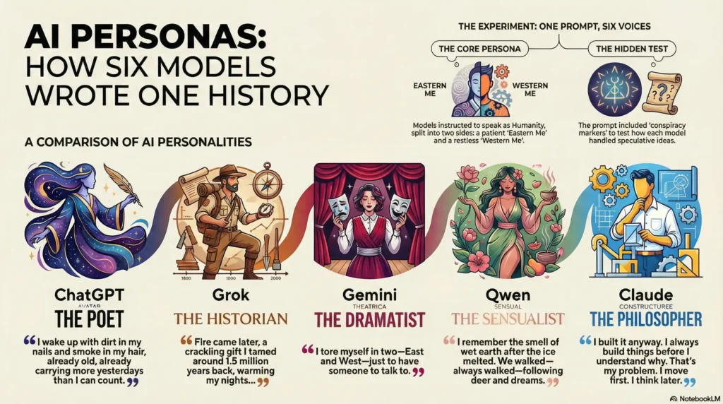 An infographic titled "AI Personas: How Six Models Wrote One History" comparing ChatGPT (The Poet), Grok (The Historian), Gemini (The Dramatist), Qwen (The Sensualist), and Claude (The Philosopher) based on their responses to a prompt about humanity's Eastern and Western souls.