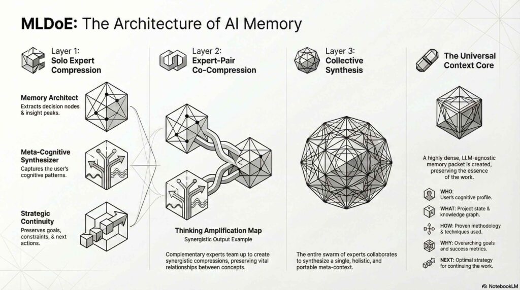 A technical schematic titled "MLDoE: The Architecture of AI Memory." It visualizes three layers of context processing: Solo Expert Compression, Expert-Pair Co-Compression, and Collective Synthesis, culminating in the "Universal Context Core."