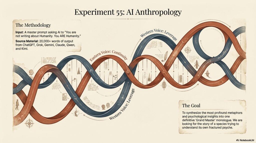 A methodology slide titled "Experiment 55: AI Anthropology" featuring a double helix DNA strand representing the Eastern (Continuity) and Western (Leverage) voices.