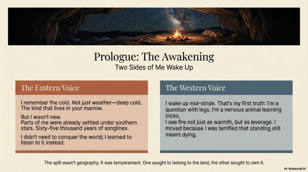 A prologue slide showing a campfire in a cave under stars. It defines the Eastern Voice as "belonging to the land" and the Western Voice as "seeking to own it."