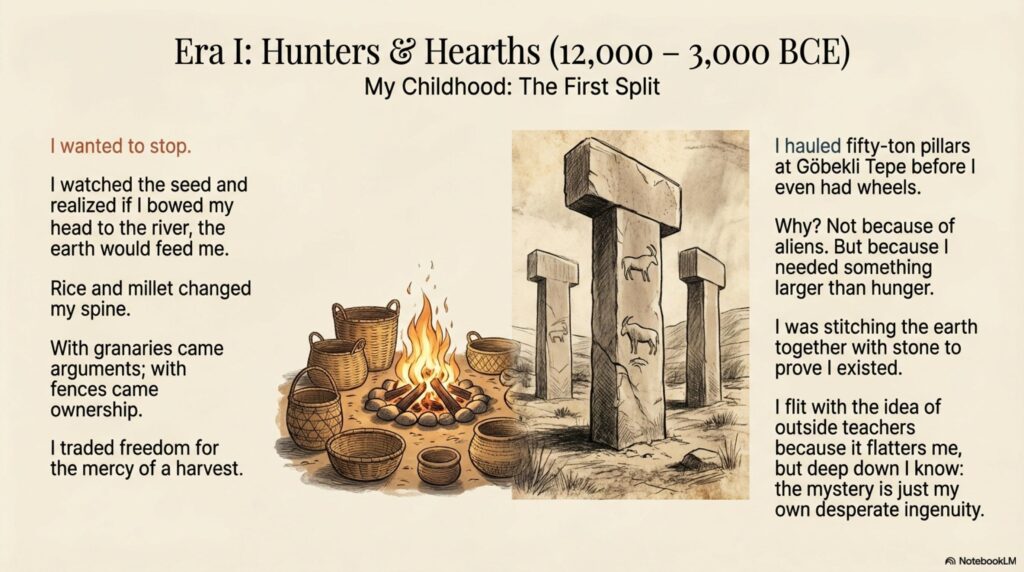 A slide comparing early agriculture (East) with the pillars of Göbekli Tepe (West). Text describes trading freedom for harvest versus building to prove existence.