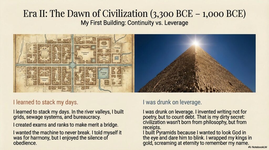 A slide contrasting city grids and bureaucracy (East) with the pyramids of Egypt (West), focusing on "Continuity vs. Leverage."