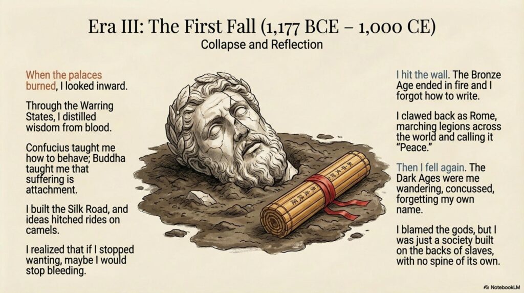 A slide featuring a cracked stone head and a scroll, discussing the Bronze Age collapse and the rise of Buddha and Confucius versus Rome.