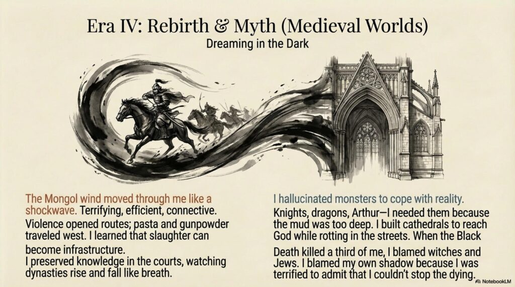 An ink-style illustration of Mongol horsemen (East) and a Gothic cathedral (West), titled "Dreaming in the Dark."