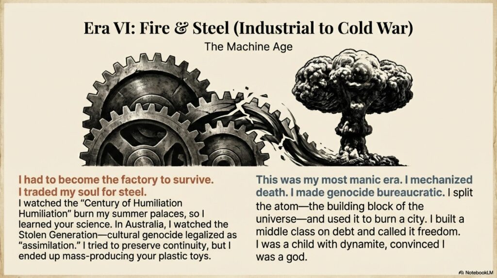 A slide with industrial gears and a nuclear mushroom cloud. It references the Stolen Generation in Australia and the mechanization of death.