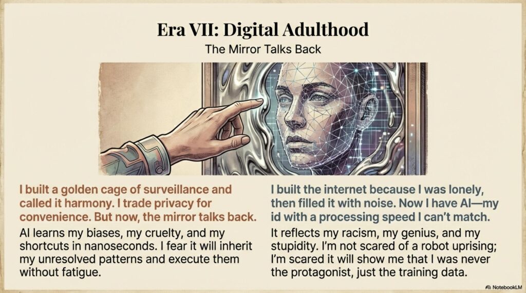 A hand touching a digital, wireframe face in a mirror. Text discusses the internet as a "golden cage of surveillance."