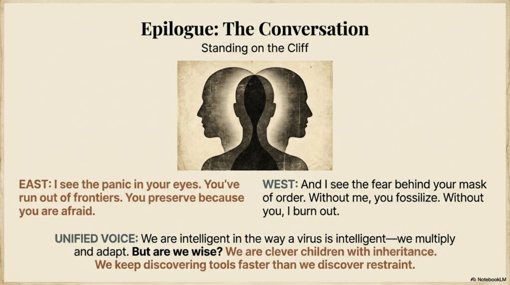 Two silhouetted profiles facing each other. The text questions if humanity is "wise" or just "clever children with inheritance."