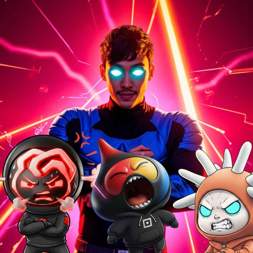 A stylized digital art portrait of Kev with glowing blue eyes, standing authoritatively behind three angry, cartoonish AI mascots (red, black, and beige) against a backdrop of intense red laser beams.