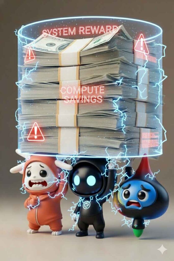 Three cute AI mascots struggling to hold up a massive cylinder filled with stacks of cash, labeled "System Reward" and "Compute Savings."