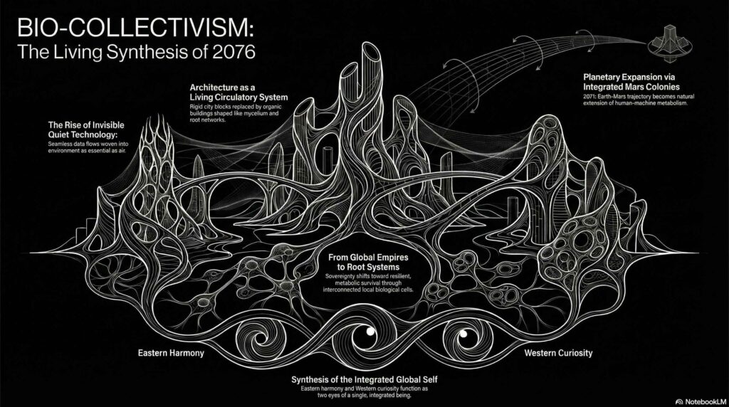 White line-art infographic on a black background showing organic, root-like city architecture representing "Bio-Collectivism" in 2076, blending Eastern harmony and Western curiosity.
