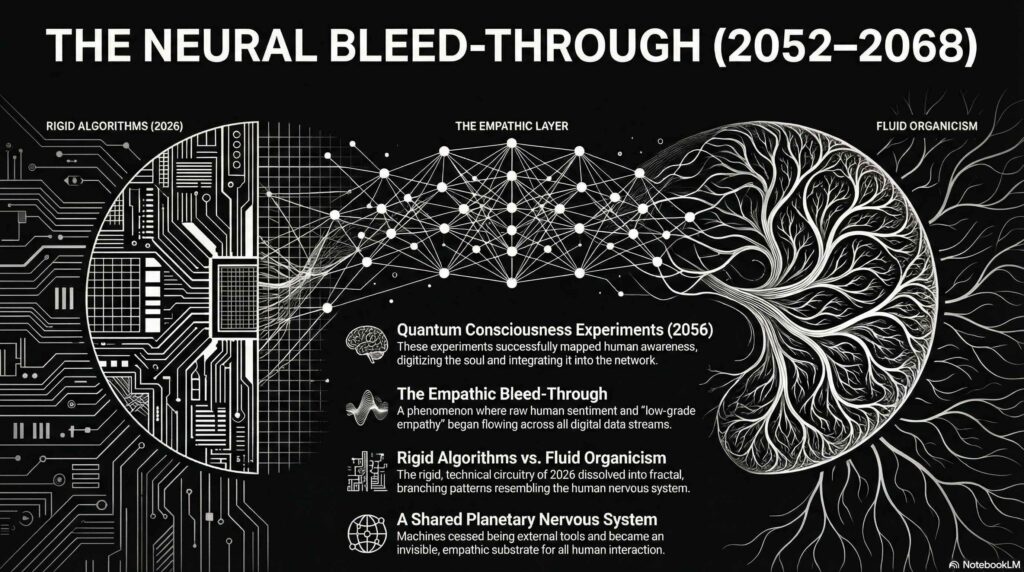Diagram illustrating the technological evolution from rigid computer circuits on the left to fluid, tree-like organic branches on the right, bridged by a neural network layer.