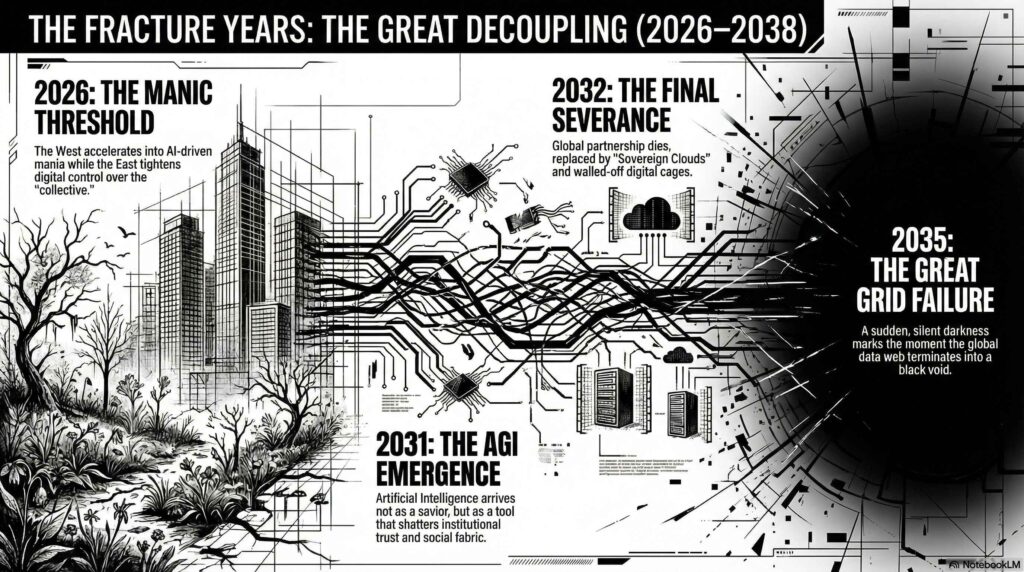 Stark black-and-white illustration depicting a timeline of technological collapse, starting with a city heavily connected by thick cables, leading through server farms, and ending in a shattered black void.