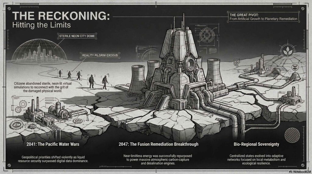 Diagram showing a desolate, cracked landscape where people leave a sterile neon city dome, walking past a massive fusion-powered carbon-capture facility toward localized bio-regional green zones.