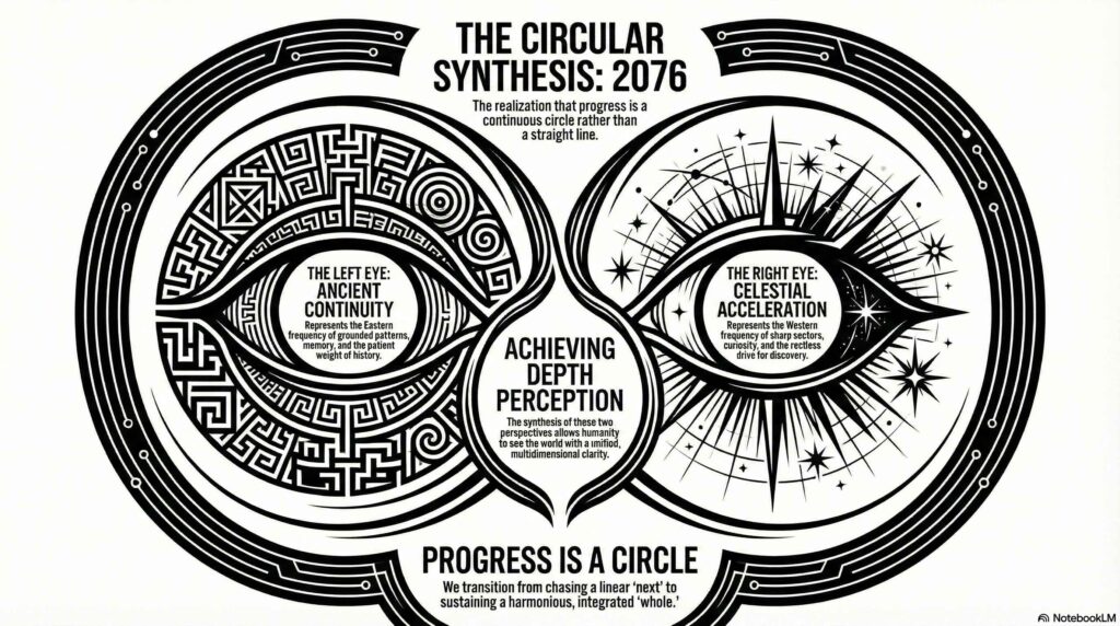 Symmetrical black-and-white graphic of two eyes connected in an infinity loop. The left eye features a maze-like ancient pattern; the right eye features a sharp starburst pattern.