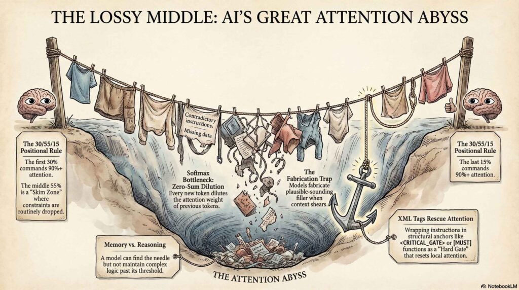 Infographic showing AI logic failures like "Lossy Middle" attention collapse and hidden system fabrication.