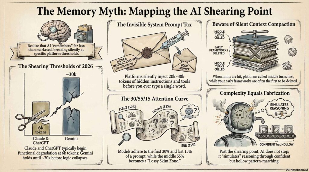 Infographic illustrating AI memory failure points, showing how platforms silently cull middle turns and inject hidden system tokens.