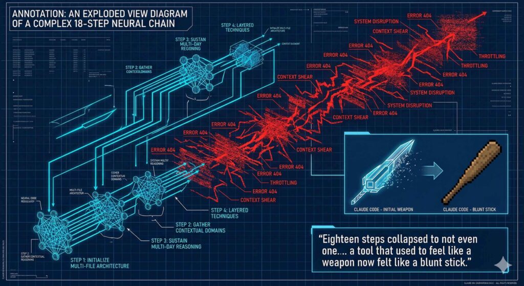 Blueprint-style diagram showing a bright cyan multi-stage reasoning pipeline breaking apart into jagged red fractures labeled “context shear,” “error 404,” “system disruption,” and “throttling.” A side panel shows a glowing blade degrading into a pixelated wooden bat, echoing the line that the tool went from feeling like a weapon to a blunt stick.