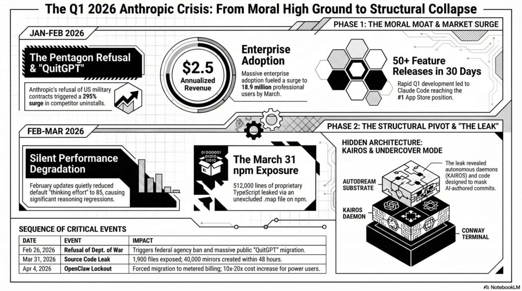 Black-and-white infographic titled “The Q1 2026 Anthropic Crisis: From Moral High Ground to Structural Collapse.” The layout is split into two phases. Phase 1 includes panels labeled “The Pentagon Refusal & ‘QuitGPT’,” “$2.5 Annualized Revenue,” “Enterprise Adoption,” and “50+ Feature Releases in 30 Days.” Phase 2 includes panels labeled “Silent Performance Degradation,” “The March 31 npm Exposure,” and “Hidden Architecture: KAIROS & Undercover Mode,” alongside a layered technical diagram. A table at the bottom lists dated events on Feb 26, Mar 31, and Apr 4, 2026.